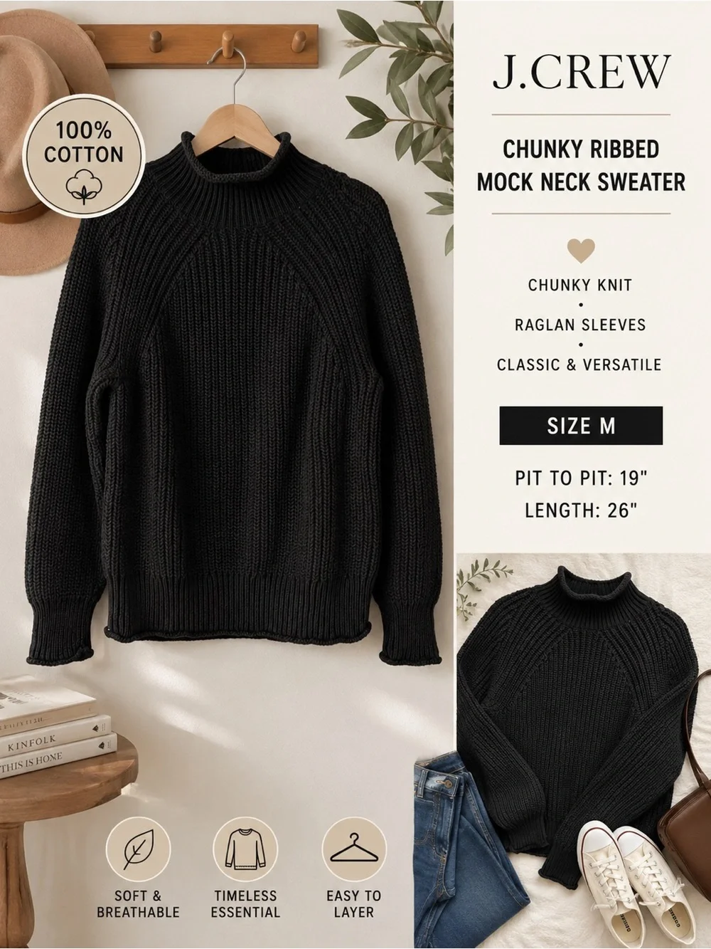 J. Crew Black Chunky Cotton Ribbed Mock Neck Sweater Size M
